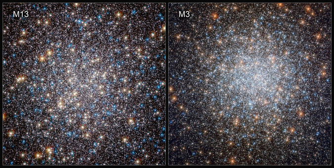 Side-by-side Hubble images of globular clusters M13 and M3. Both show dense gatherings of stars, with M13 appearing looser and M3 more compact, each glowing with blue and orange stars.