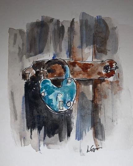 This is an ink and wash sketch of a lock held by rusty hardware.