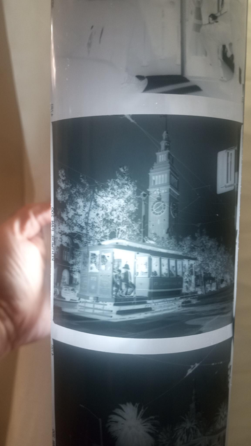 6x6cm negative of SF Muni "Dinky" 578s in front of the Ferry Building. (It's a trolley, but it's so old-fashioned it looks like a cable car).