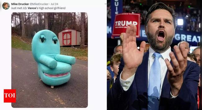 Post from @MikeDrucker saying "Just met J.D. Vance's highschool girlfriend" above a photo of an anthropomorphic chair. On the right is a photo of Jance excitedly clapping.
