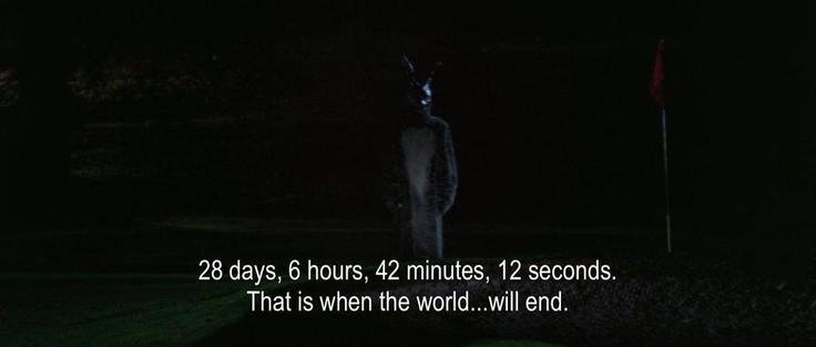 A person in a scary bunny costume saying “28 days, 6 hours, 42 minutes, 12 seconds. That is when the world will end.”