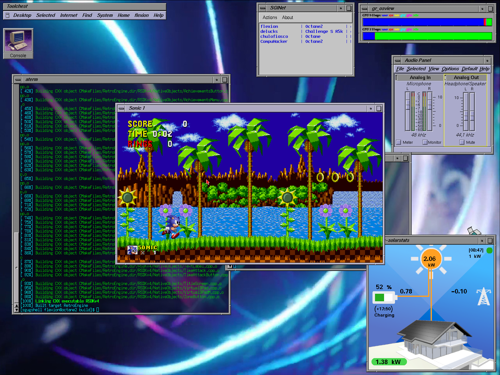 IRIX 4dwm desktop. sonic the hedgehog running in a window
