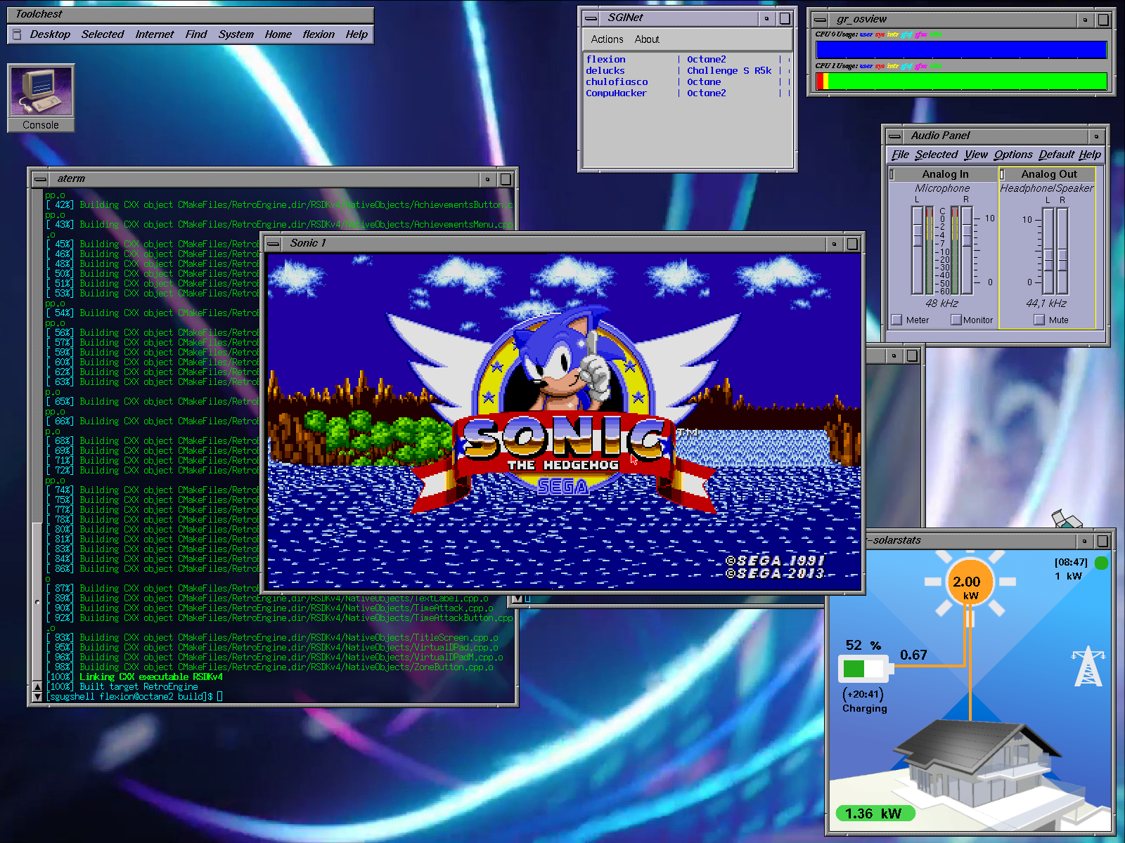 IRIX 4dwm desktop. sonic the hedgehog intro screen running in a window