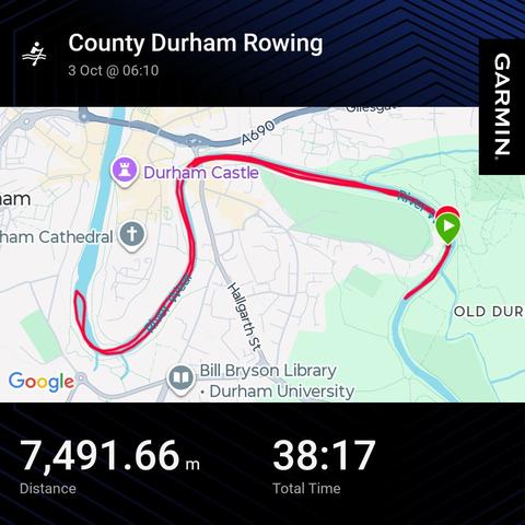 Garmin activity showing a rowing session along the river wear through Durham. 7.5km 38min