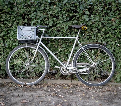 Ein Fahrrad mit Frontkorb steht an der Hecke des Boule-Feldes