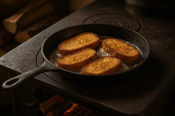 Vier goldbraun gebratene Scheiben Fotzelschnitte (Arme Ritter oder Povesen) liegen in einer gusseisernen Bratpfanne, die auf einem alten Holzofen steht. Im Hintergrund ist Feuerholz sichtbar, das für eine warme, rustikale Stimmung sorgt.