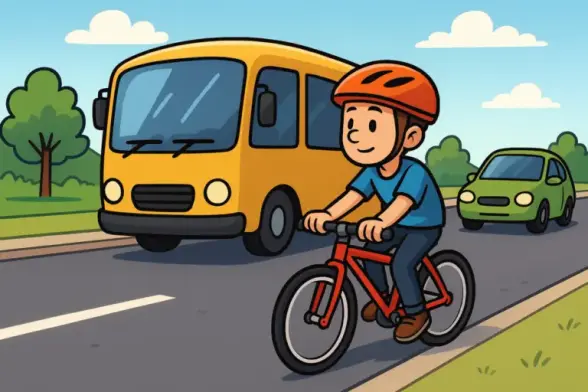 Ein junger Mann mit rotem Helm fährt mit seinem Fahrrad auf einer Landstraße. Hinter ihm fahren ein orangefarbiger Bus und ein grünes Auto. Cartoonstyle