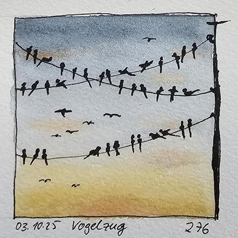 Aquarell: Im Gegenlicht der aufgehenden Sonne sammeln sich stilisierte Schwalben auf drei Stromleitungen, um demnächst Richtung Süden aufzubrechen.  Ein paar Vögel sind noch im Anflug.