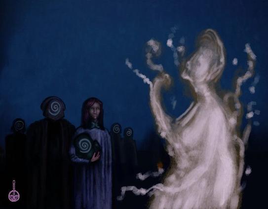 A digital painting depicting a dark scene - bluish. A group of people with closed helmets, without holes for eyes or breathing and with a spiral painted on the visor, stand under a dark blue sky. One of them is bareheaded and holds his (or hers - it could be both) helmet under his arm. In front of them, a hazy, humanoid form of a woman spreads or manifests.