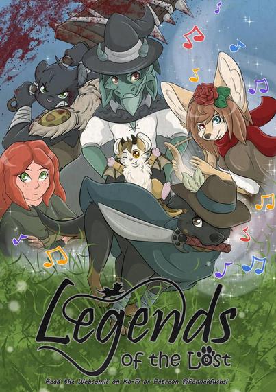Comic Cover of the Webcomic Legends of the Lost. A black Dog running with a Sword in the snout. He is wearing a hat and a Cape. In the Background is a Fennec Fox Girl Bard playing music, a magician green kobold, a black panther tabaxi, a ginger Girl and a cute little Hamster-Dragon.