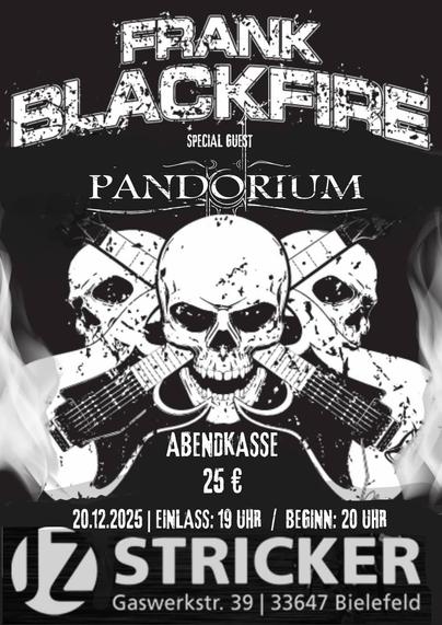 Flyer für das Konzert am 20.12.25 im JZ Stricker Bielefeld - Frank Blackfire, Pandorium, TBA