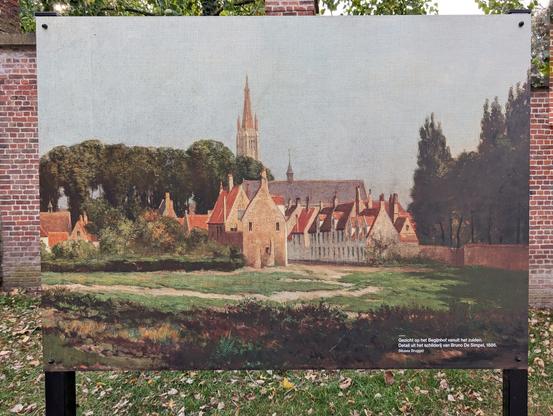 Bild 3 (Gemälde 1886):
Alt-Text: Gemälde von Bruno De Simpel, 1886. Blick auf den Beginenhof Brügge mit mächtigen Bäumen im Hintergrund.