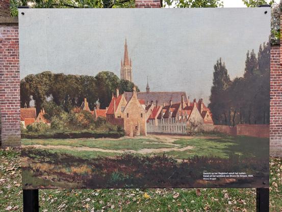 Bild 3 (Gemälde 1886):
Alt-Text: Gemälde von Bruno De Simpel, 1886. Blick auf den Beginenhof Brügge mit mächtigen Bäumen im Hintergrund.