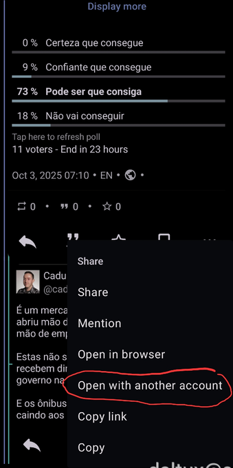 Captura de tela do Fedilab no Android com destaque de "Abrir com outra conta" (tradução de interface usada em inglês), entre opções de um menu de compartilhamento acionado a partir de uma publicação vista na linha do tempo.