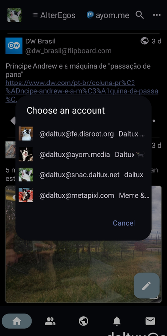 Captura de tela do Fedilab com menu para escolher a conta, entre quatro que estão configuradas, com a qual desejo realizar uma ação sobre uma publicação.