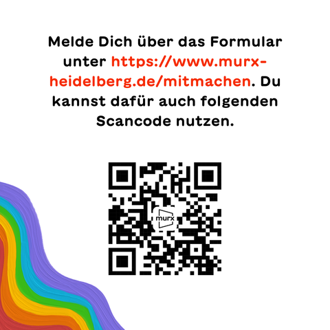 Melde Dich über das  Formular unter https://www.murx-heidelberg.de/mitmachen. Du kannst auch den auf dem  Sharepic enthaltenen Scancode nutzen.