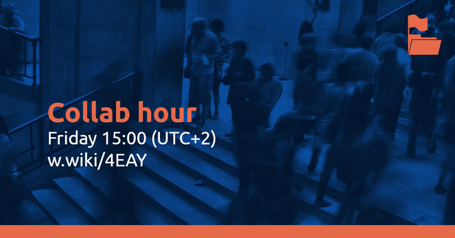 Mood image, people in the stairs of a civic building, with the text: Collab hour
Friday 15:00 (UTC+2)
