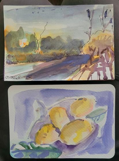 2 Aquarellskizzen auf Karten: oben eine kleine Landschaft mit  Bäumen,  Büschen in orange gelbem Licht;
Darunter eine Schale mit 4 gelben Quitten vor lila Hintergrund