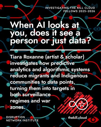 An informative carousel post of three slides with black backgrounds and colorful patterns with text introducing a DNI Research Topic for the 2025-2026 DNI Fellowship: Investigating the Killcloud: AI, Big Tech & Migration Control