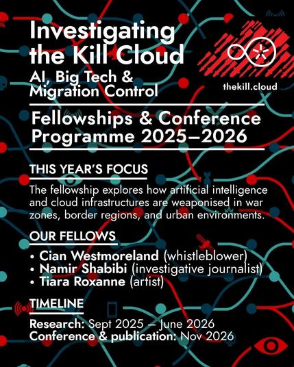 An informative carousel post of three slides with black backgrounds and colorful patterns with text introducing a DNI Research focus for the 2025-2026 DNI Fellowship