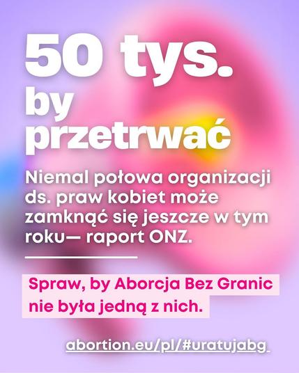 50 tys. by
przetrwać
Niemal połowa organizacji ds. praw kobiet może zamknąć się jeszcze w tym roku- raport ONZ.
Spraw, by Aborcja Bez Granic nie była jedną z nich.
abortion.eu/pl/#uratujabg.