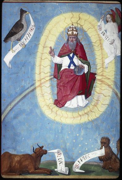 Une enluminure qui montre, sur un large fond bleu semé d'étoiles dorées, un halo jaune, légèrement décalé vers la droite, au centre duquel apparaît Dieu le Père. Il est vêtu d'un grand manteau rouge aux revers vert, sur un vêtement blanc, et porte une coiffe ecclésiastique blanche à plusieurs niveaux. Il semble assis, tient sur un genou une orbe (une sphère transparente) surmontée d'une croix en or et de l'autre, fait un geste de bénédiction (il a 6 doigts !). Autour de lui, les symboles des quatre évangélistes : l'aigle (en haut à gauche = Jean), l'ange (en haut à droite Mathieu), le lion (en bas à droite = Marc) et le taureau (en bas à gauche = Luc). Ils tiennent tous les quatre un phylactère (un rouleau) sur lequel est inscrit le nom de l'évangile dont ils sont le symbole.