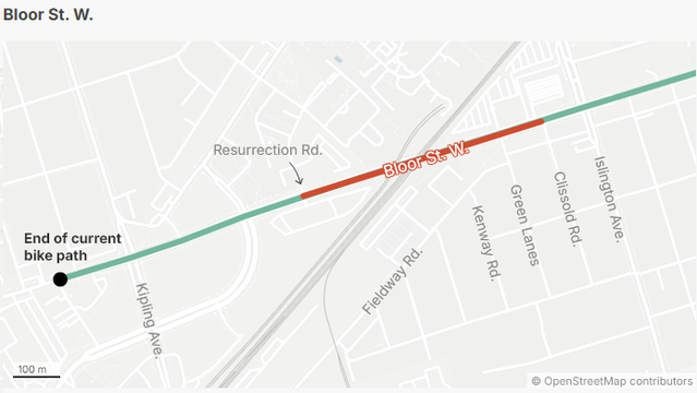 Map of Bloor West showing small section of bike lane removal planned for under the tracks by Resurrection Road.