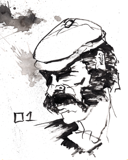 A loose portrait of a man, drawn with brush and black ink. He has shadowy eyes and a serious expression, and an epic mustache, connected to his dramatic sideburns. He wears an old-fashioned cabby hat. The number 01 appears hand-drawn beside the face. There are messy splashes of ink framing the portrait, adding texture to the negative space.