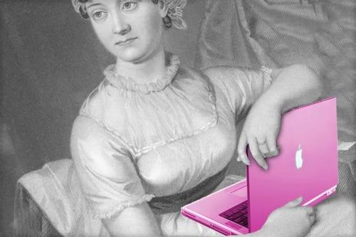 Grey, black, white drawing of Jane Austen holding a pink laptop.
