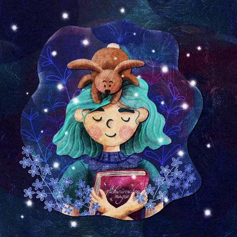 Illustration von einer Person mit kurzen blauen Haaren und geschlossenen Augen. Sie hält ein Buch vor der Brust, auf dem "Glühwürmchenmagie" steht. Auf ihrem Kopf liegt ein Hase.