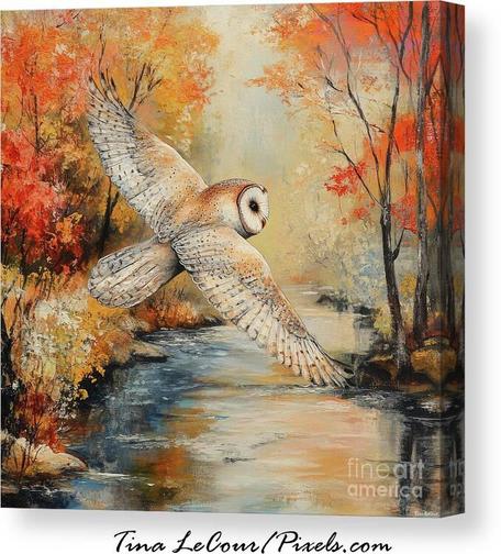 This is a canvas of a beautiful snowy owl in the foreground soaring over a river surrounded by colorful trees during the autumn season.