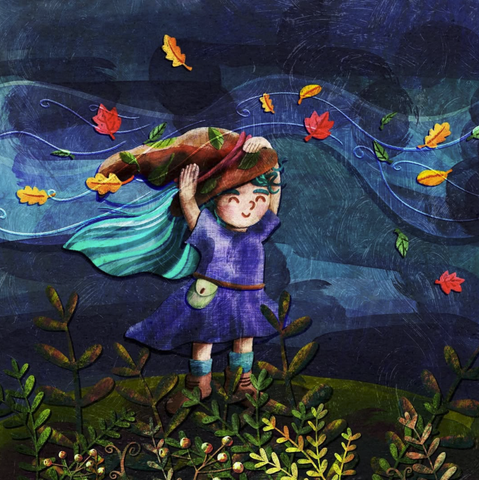 Illustration von einer Person mit langen blauen Haaren hat die Hände über den Kopf gehoben, um ihren braunen Hexenhut festzuhalten. Der Wind ist an um sie herum tanzenden Blättern zu erkennen. Sie trägt ein violettes Kleid, einen Gürtel mit einer grünen kleinen Tasche daran und Stiefel. Das Bild ist in dunkleren Blau- und Violetttönen gehalten.