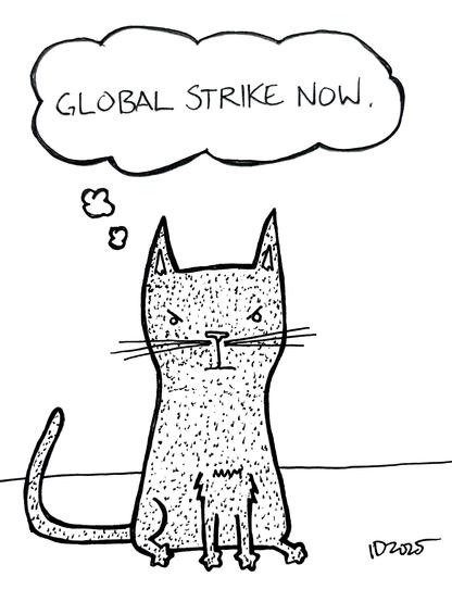 a speckled cat glowers and thinks "global strike now."