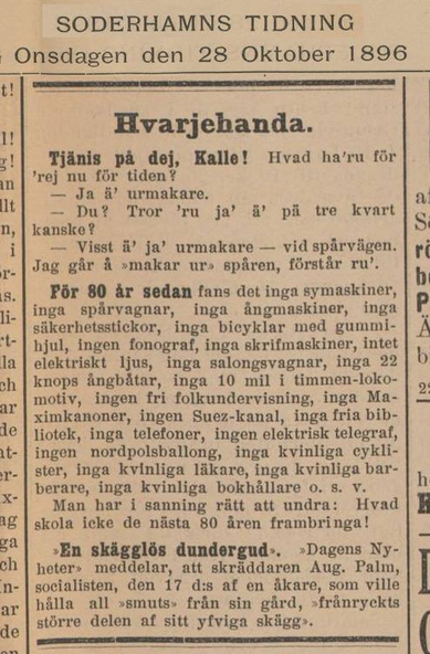 The image is a newspaper clipping from Söderhamns Tidning, dated October 28, 1896. It includes a "Hvarjehanda" (miscellany) section with a short dialogue, a nostalgic list of things that didn't exist 80 years prior, and a brief news item about a socialist named Aug. Palm.