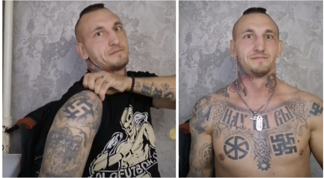 One of the main 'Española’ commanders Mikhail Turkanov proudly displaying swastikas, black suns and other tattoos