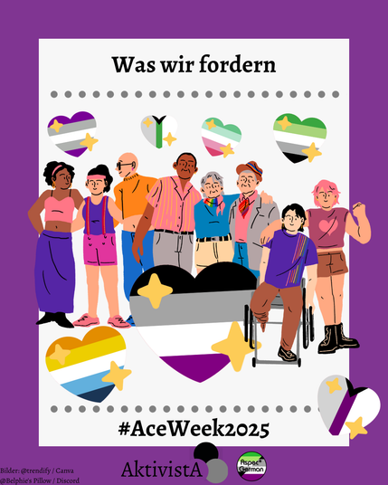 Illustration verschiedener Menschen mit Symbolen für das asexuelle und aromantische Spektrum, Überschrift „Was wir fordern“, Fokus auf Vielfalt und Inklusion.