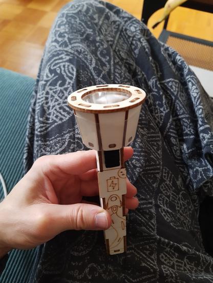 Selbstgebaute Taschenlampe aus dünnen Holz in einer Hand