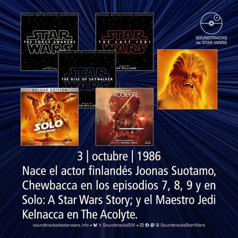 Portadas de los soundtracks de The Force Awakens, The Last Jedi, The Rise of Skywalker, Solo (Deluxe Edition) y The Acolyte, y una imagen de Chewbacca salida de la portada de Solo. / Covers for the soundtracks of The Force Awakens, The Last Jedi, The Rise of Skywalker, Solo (Deluxe Edition), and The Acolyte, and an image of Chewbacca from the Solo cover.