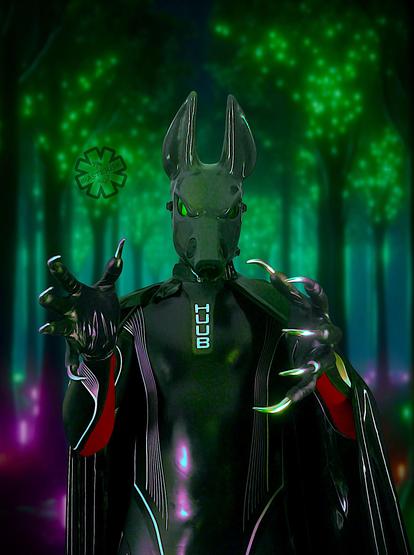 You've been approached by Asterisk in a colourfully lit forest at night. He claims that where you've bumped into him is a checkpoint to see how shiny your rubber body actually is. His arms then reach out towards asking that with your permission you let him inspect you closer. Will you oblige his request?

The trees are lit with green firefly like lights, and the forest floor is covered with green, orange and magenta neon stick lights. The bright light from the moon is breaking through the trees providing a cool blue backdrop.  His latex head reflects the green lighting above, but his wetsuit body is reflecting the magenta lighting from the floor.