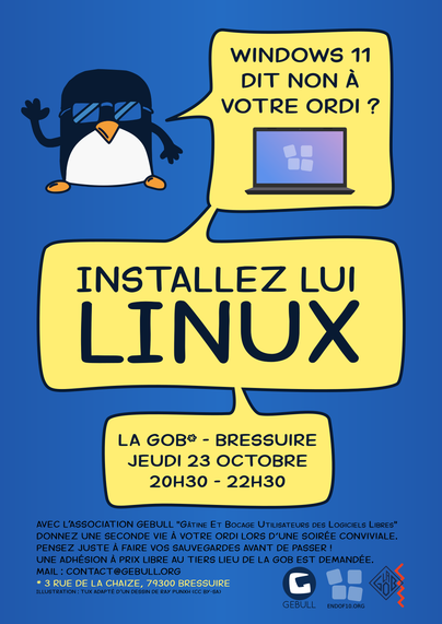 Affiche d'une install-party à la gob le 23/10/2025 20H30.