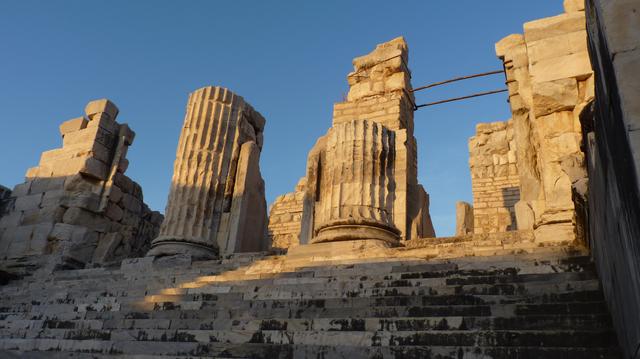 evening light of the shadowed steps, with engaged columns of the portico