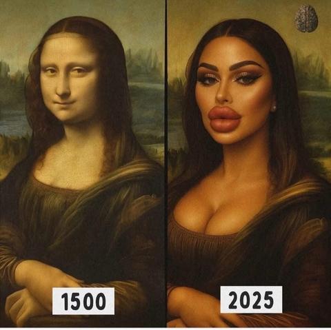 Split image of the Mona Lisa: left shows the classic 1500s painting, right shows a modern parody version labeled 2025, with exaggerated makeup, lip fillers, cleavage, and Instagram-model style.