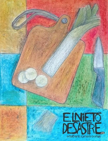 tabla de cortar con un puerro y cuchillo