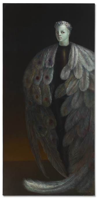 From the lot essay: “Within a barren land stands a king dressed in an elaborate coat of peacock feathers. Light glints off his dazzling crown. He is magisterial, imperious, royalty incarnated in lustrous pigment.”