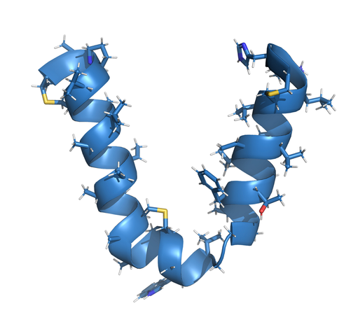 NMR structure of a lanthipeptide produced by Enterococcus faecalis. Sulphur atoms show in yellow, forming interbackbone bridges. PBD 6VGT. CC by SBGRID