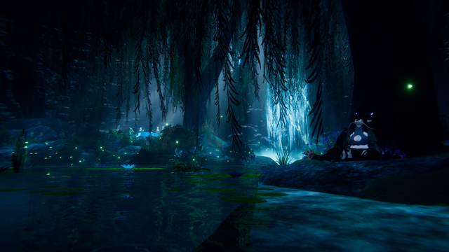 a vrchat picture of a black & purple dragon sitting on the ground next to a tree, surrounded by a forested pond that has a waterfall in the background, at night
