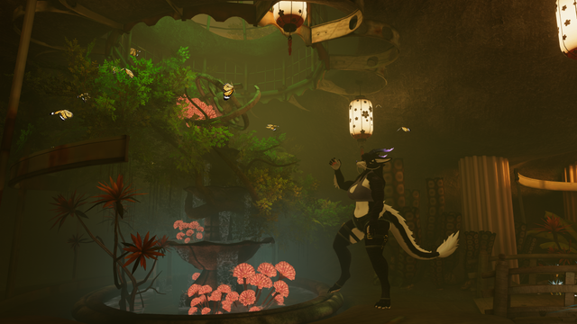 a vrchat picture of a black & purple dragon standing in an underground garden, watching some butterflies that are flying around