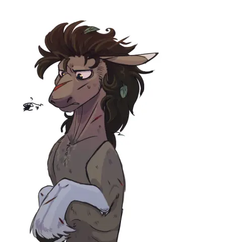 Doctor Whooves staring at his forelegs, mildly miffed about some of the minor cuts and lacerations on himself. There are leaves and twigs in his hair.