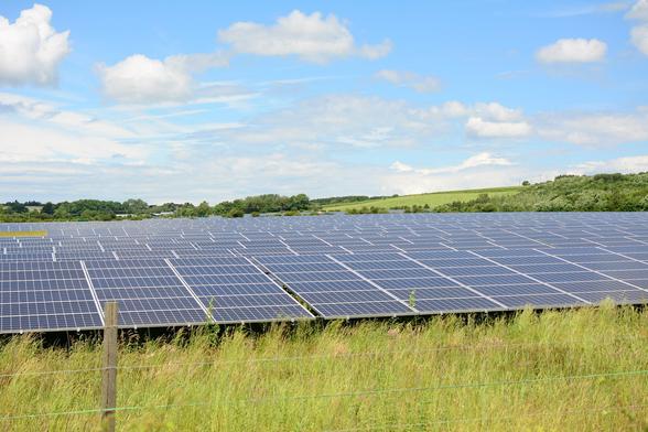 Stock image of solar panels installed in a grassy field under open sky, symbolising clean energy generation and the shift towards sustainable power.
