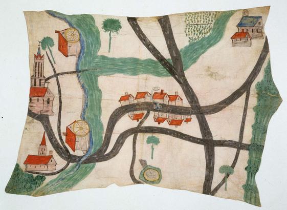 Plan figuratif du XVIe siècle en couleur, représentant des chemins, des ruisseaux, une église, des maisons et des moulins à eaux